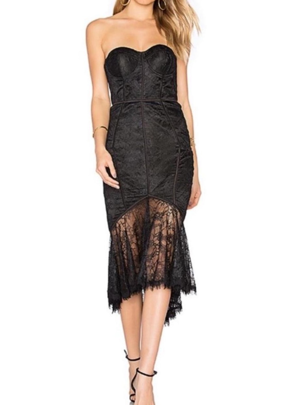 MISHA Strapless Black Lace Midi Dress